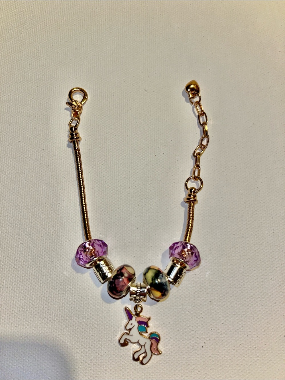 Gold-Tone Snake Chain Charm Bracelet w/Enamel Unicorn Charm & Purple Accents